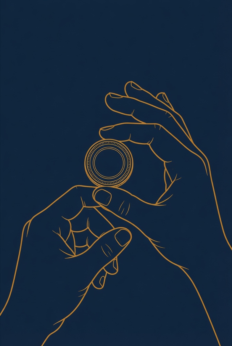 Hand holding the Moodwah coin in precision grip