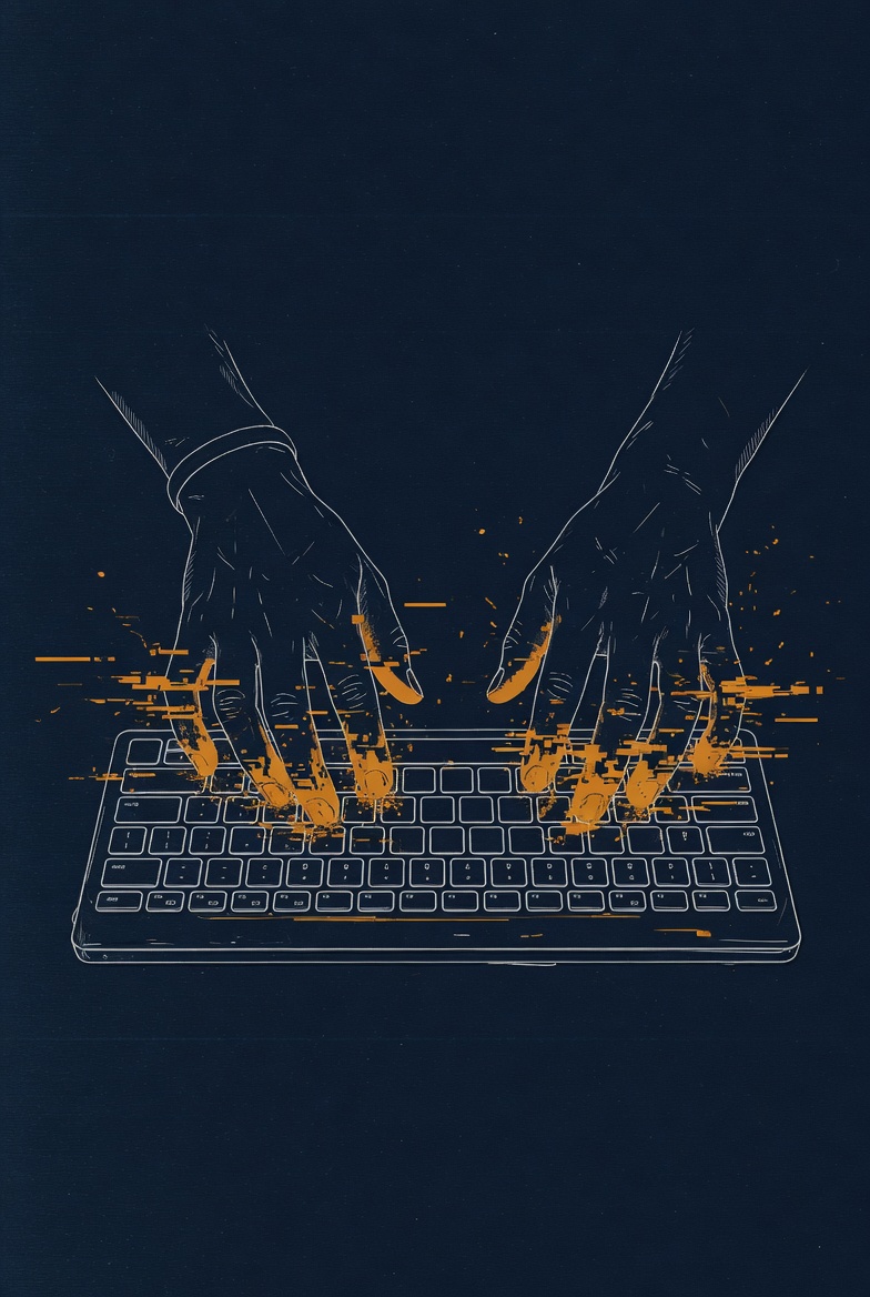 Two hands typing on a keyboard with saffron paint splatters at the fingertips
