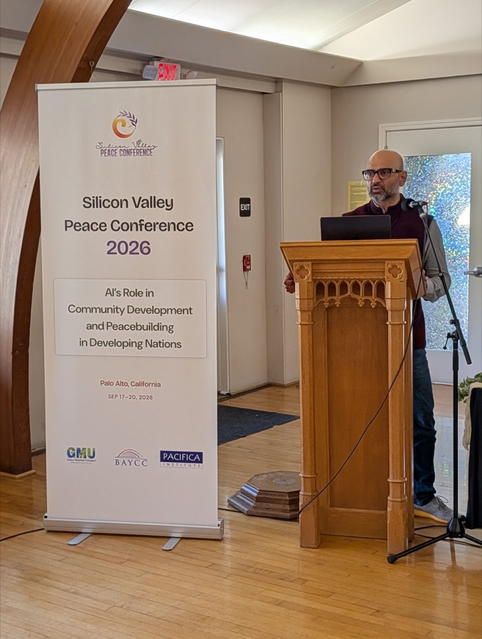 Gaurav Rastogi at the lectern presenting the 4S Framework, Silicon Valley Peace Conference 2026, Palo Alto